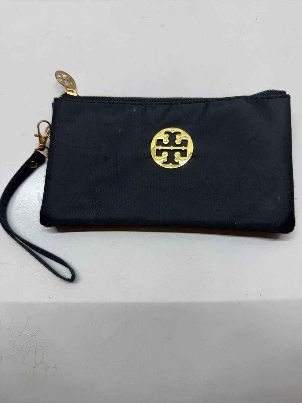 Tory Burch Black Nylon Wristlet with Gold Logo Accent